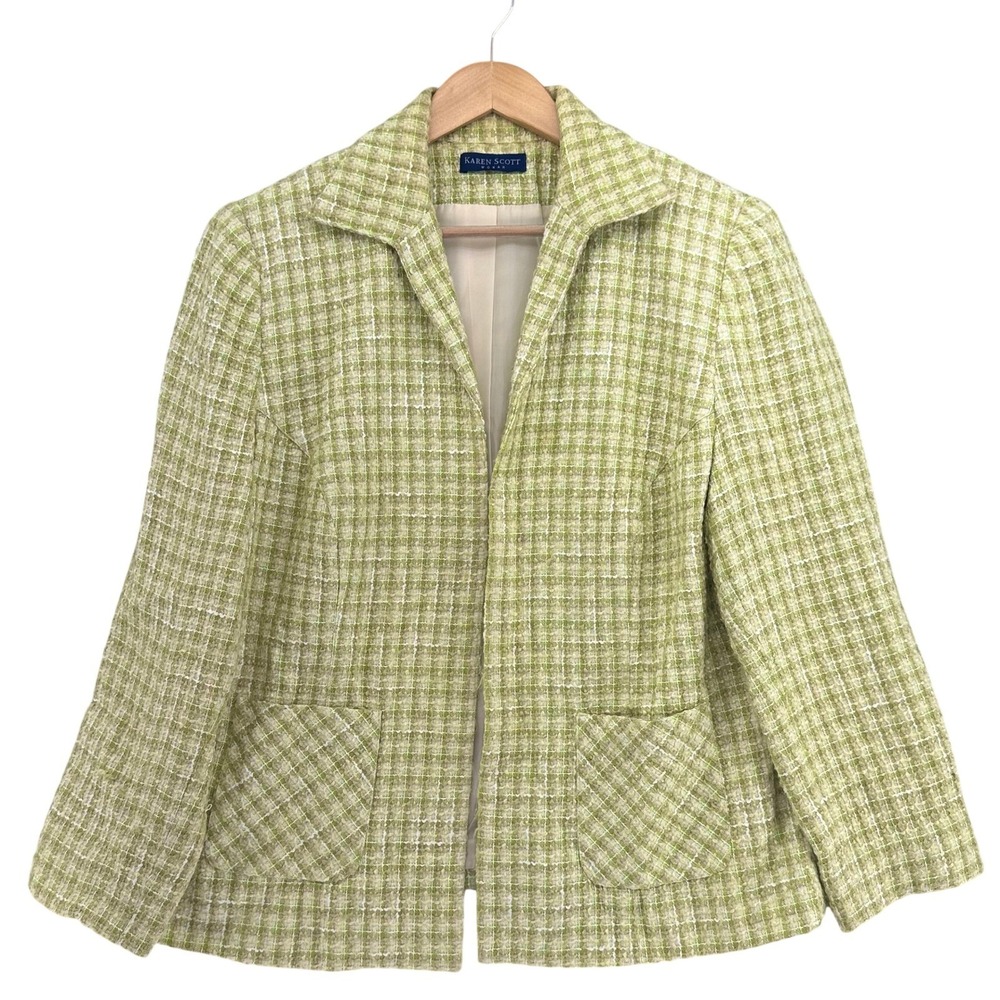 VTG Karen Scott Lime Green Plaid Tweed Boucle Blazer Jacket 16W Open Front